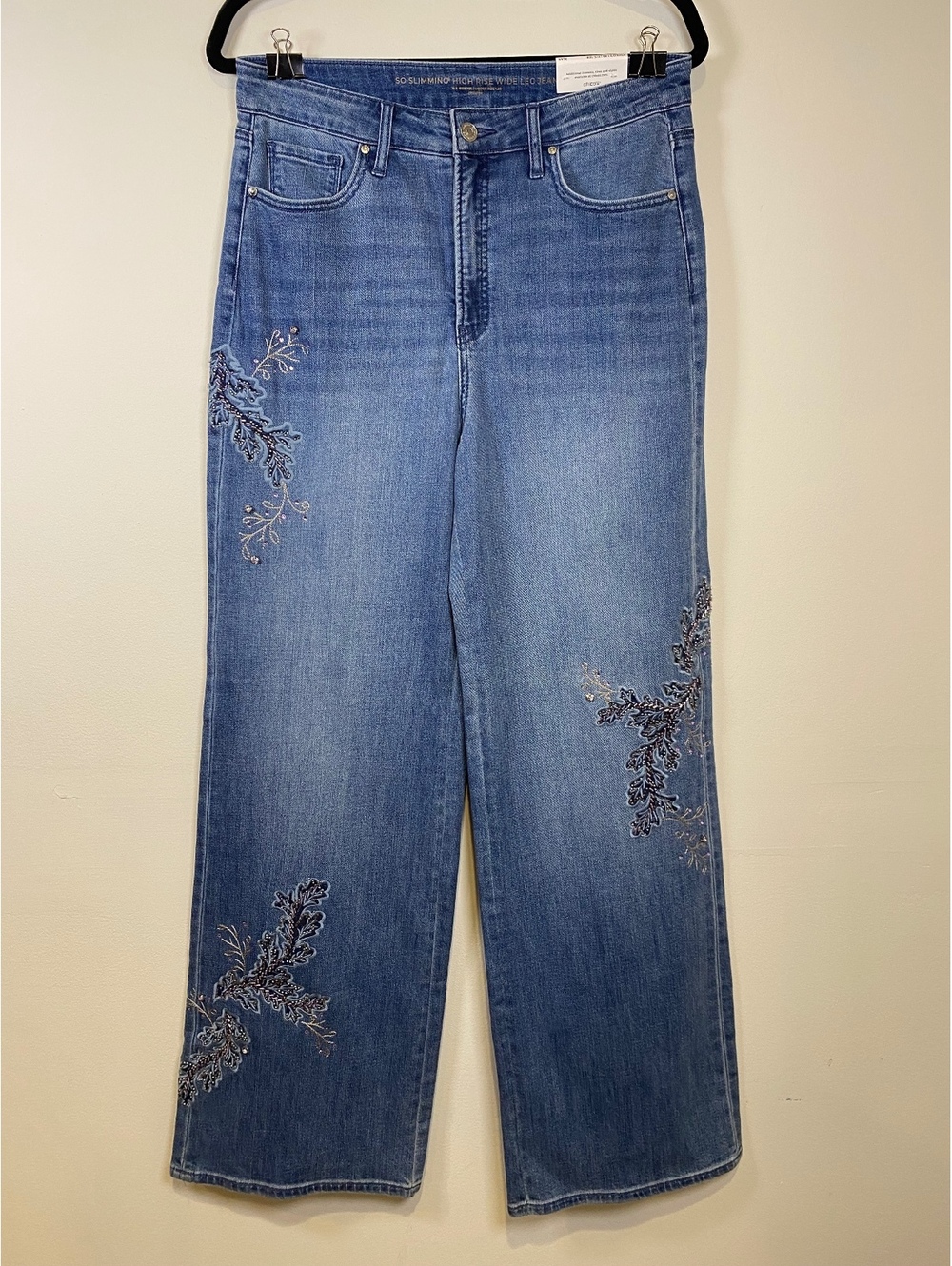 Chico's So Slimming High Rise Wide Leg Jeans Size 10R with Embroidered Detail